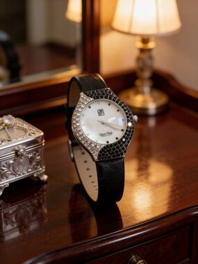 Elegant Black Leather Smartwatch with Crystal-Accented Bezel need battery